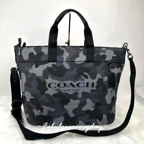 Coach Tote 38 Crossbody Bag Camo Print In Canvas/Gunmetal/Grey Multi CY805 NWT - Picture 1 of 10